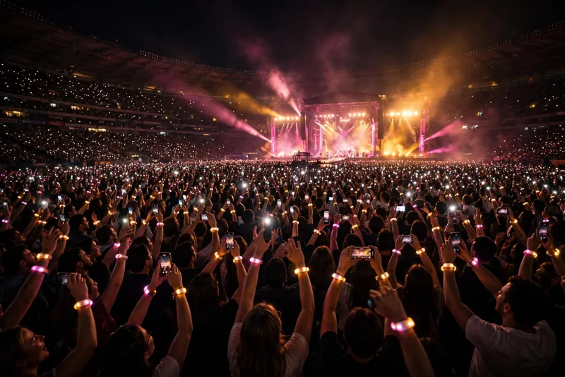 Enthusiastic concert fans holding glowing wristbands and phone lights in a dark arena during a Taylor Swift style stadium show