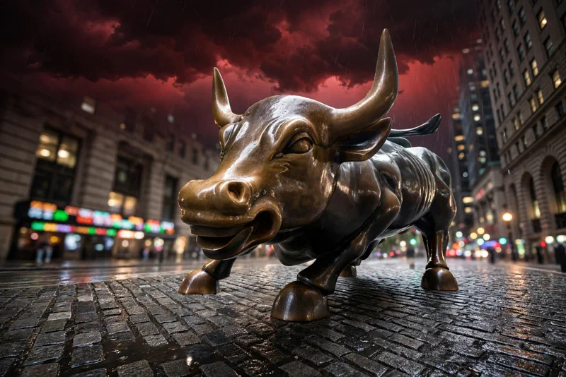 The Charging Bull of Wall Street at night under a stormy red sky with a blurred price ticker