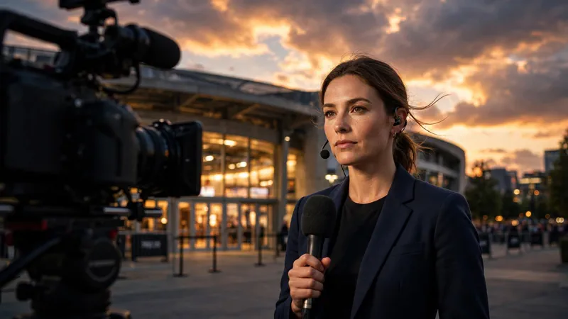 Female sports TV reporter with a microphone in front of a basketball arena at dusk
