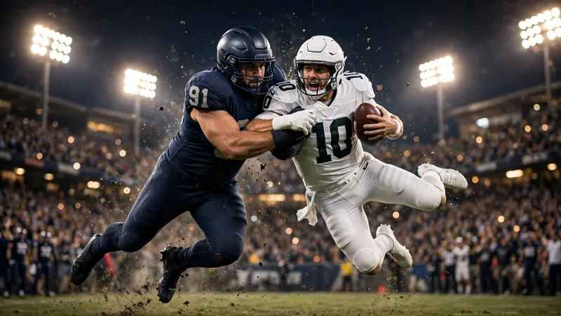 A defensive lineman sacking the quarterback on the final play of the night