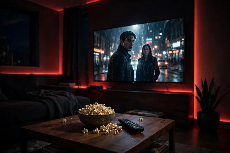 Streaming premiere glowing on a TV screen in a dark living room