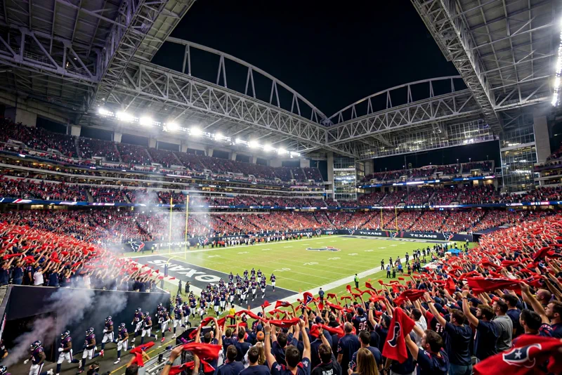 NRG Stadium in Houston at night with Texans fans and stadium lights before kickoff