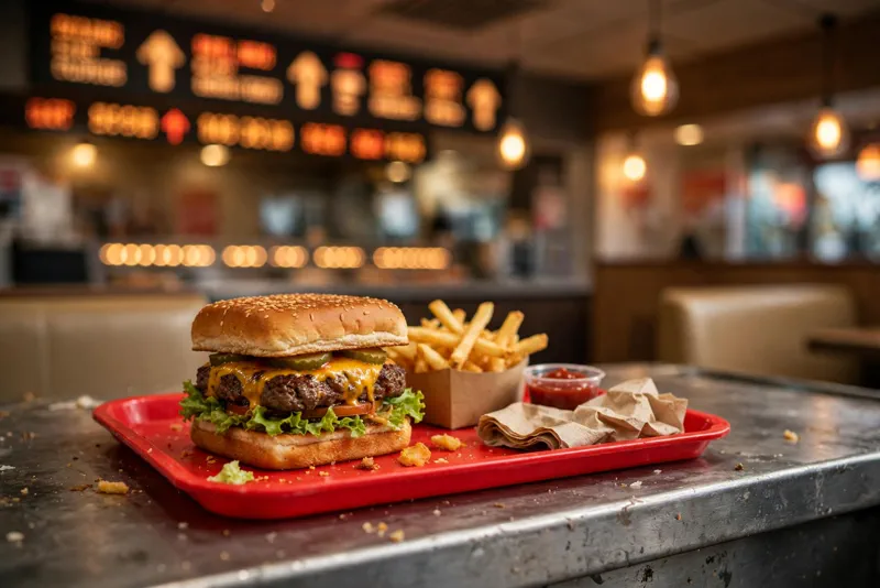 Square beef burger meal on a red tray at a fast food counter