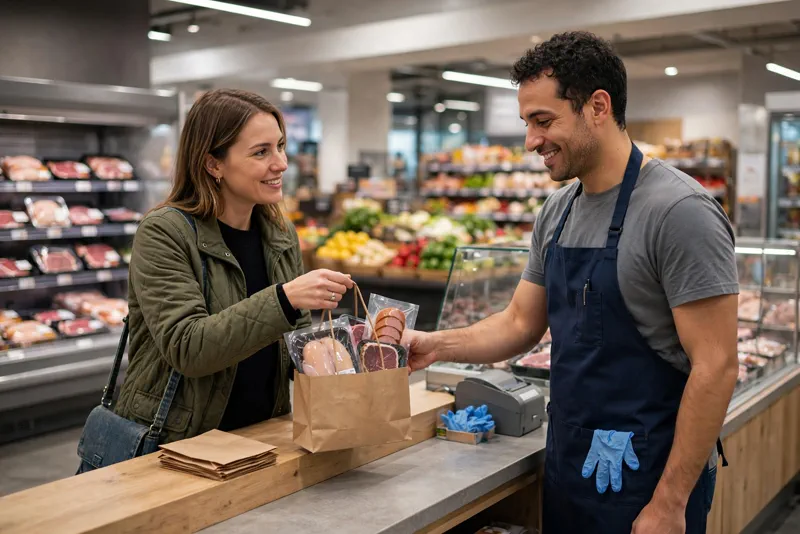 A customer returning recalled meat products at a grocery store service counter