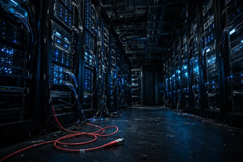 Server room with glowing racks and a disconnected cable symbolizing the DeepSeek removal