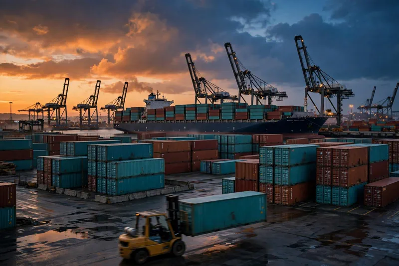 Cargo containers at a Pacific port at dusk, illustrating the transshipment routes through Malaysia and Singapore