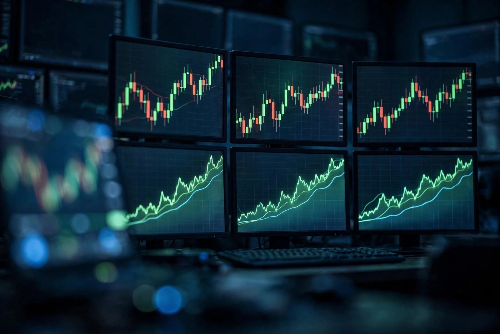 Stock market data screens showing rising candlestick charts in a dark trading room