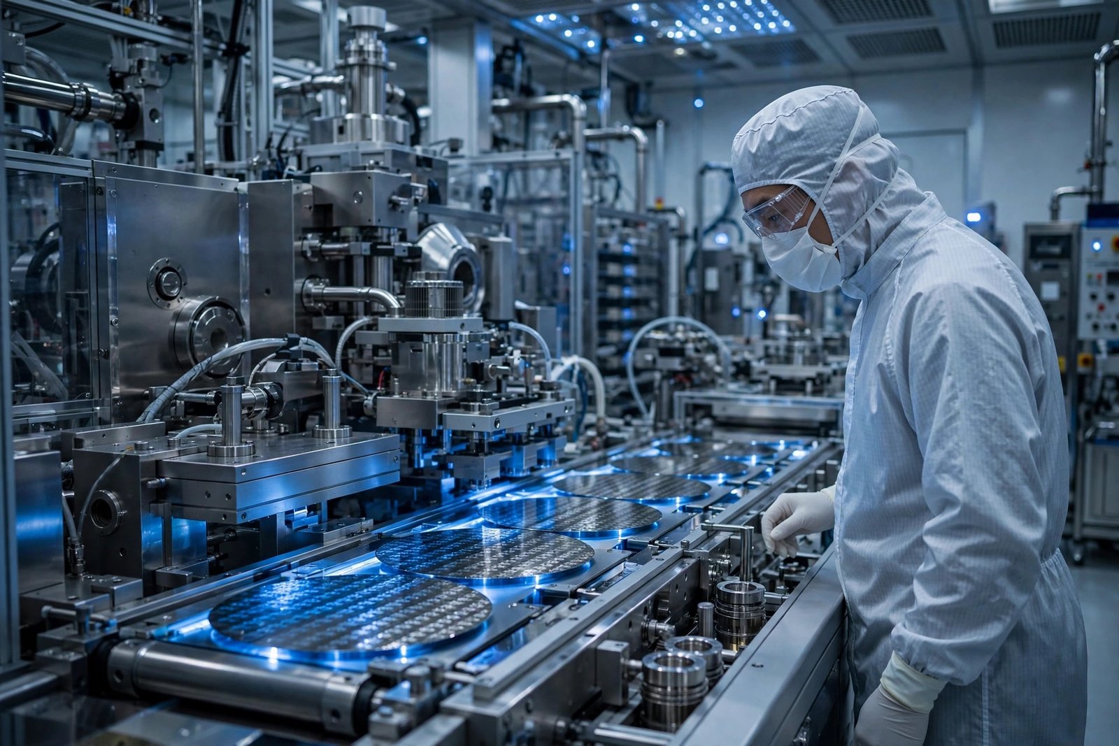 Engineer inspecting silicon wafers inside a semiconductor fabrication cleanroom