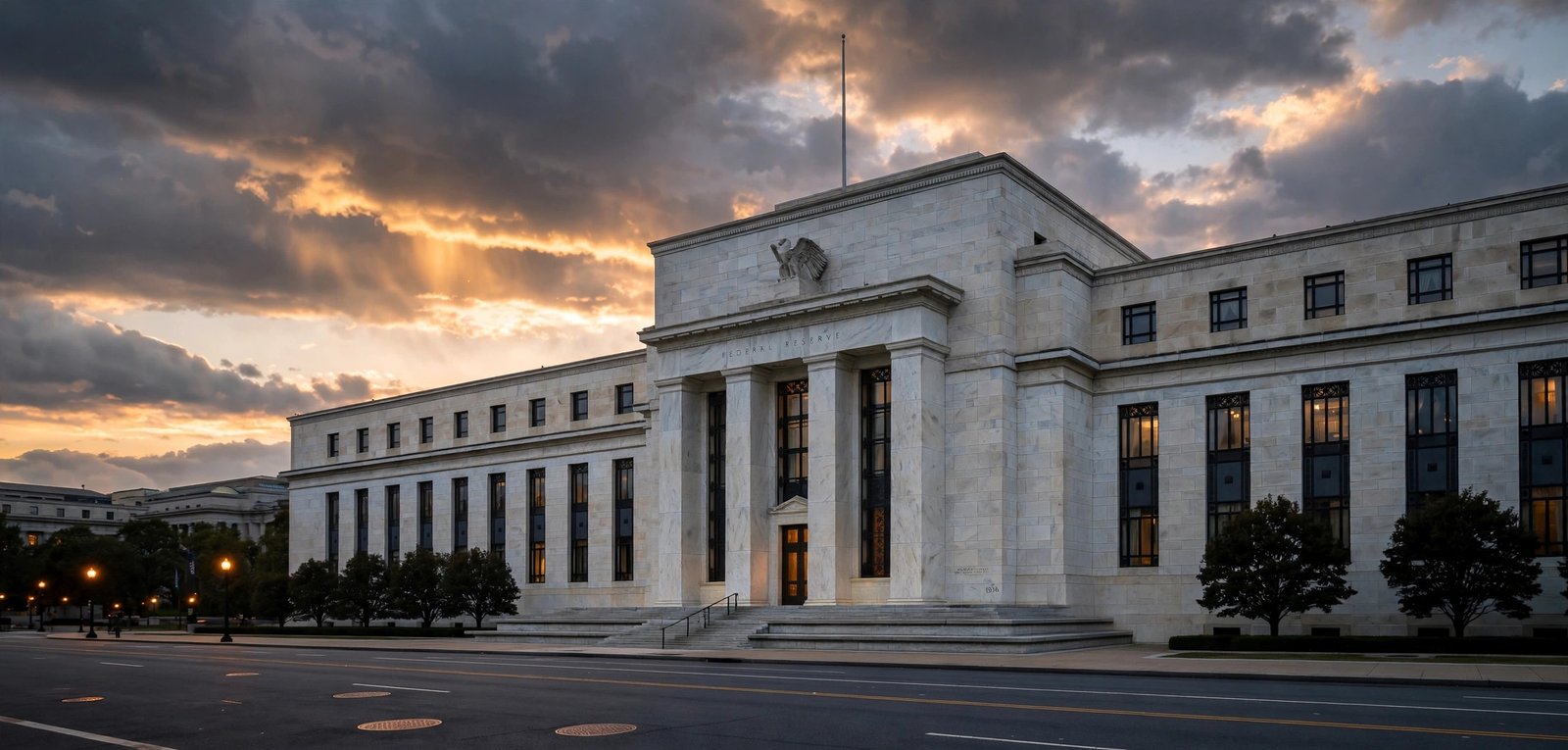 The US Federal Reserve Eccles Building in Washington DC at dusk