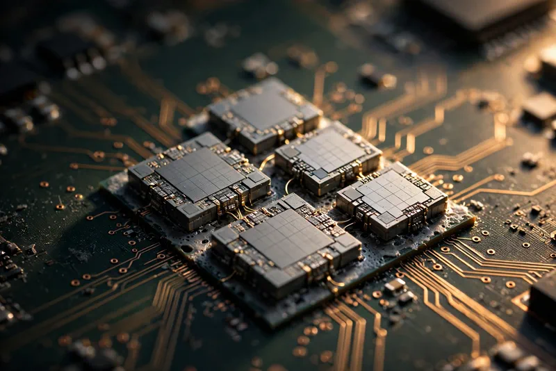 Close-up of a chiplet AI processor bonded on a circuit board