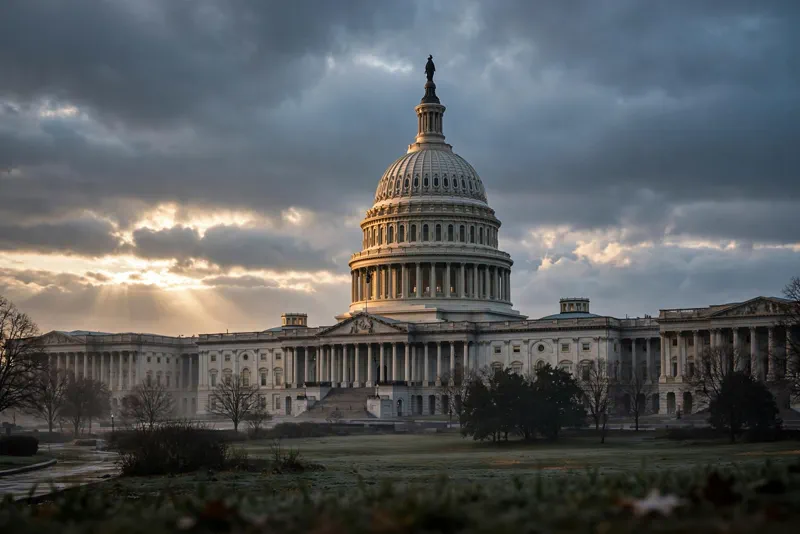The US Capitol dome at dawn under a cloudy sky