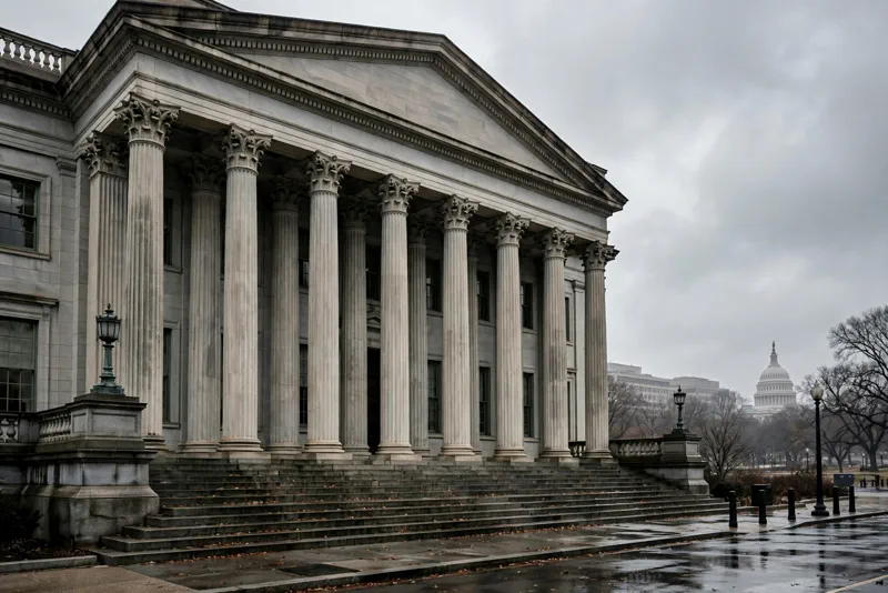 Exterior of the US Department of Justice building with columns in Washington DC