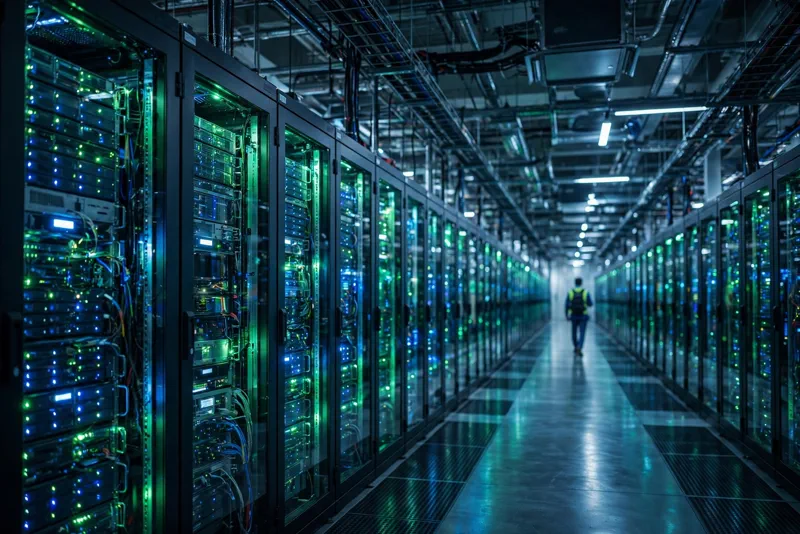 Rows of glowing server racks inside a massive AI data center built to house custom AI chips