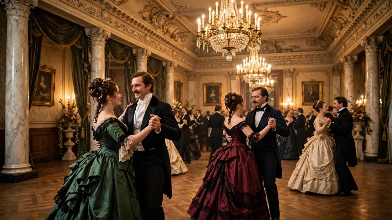 Elegant candlelit 1880s ballroom dance in Gilded Age New York