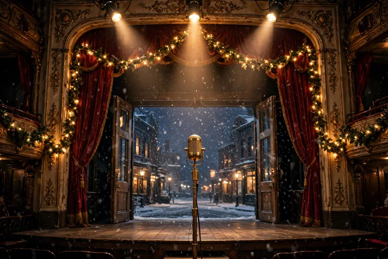 Broadway theater stage with vintage microphone and holiday lights