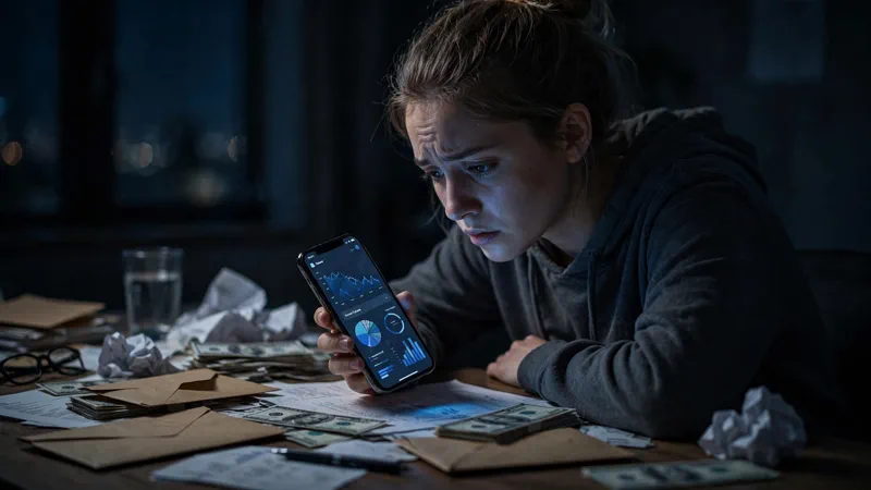 Worried woman checking her phone late at night with bills on the desk, financial stress