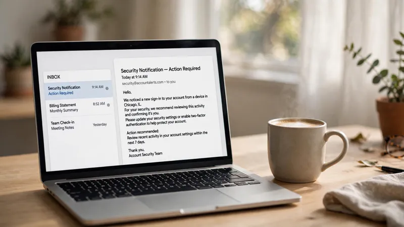 Laptop showing an email inbox with an official refund notification in morning light