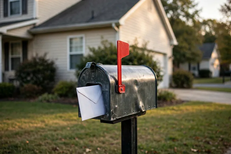 Mailbox in front of a suburban home with a raised red flag, scam warning