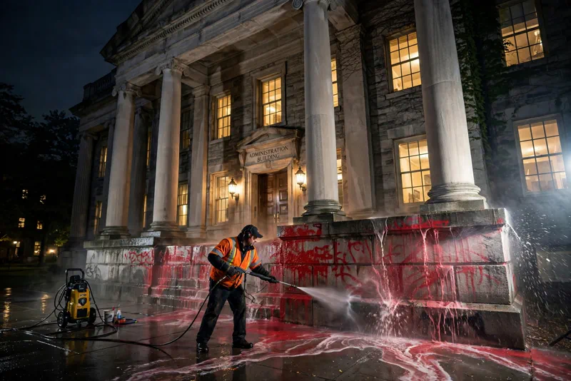 University administration building at night after graffiti cleanup