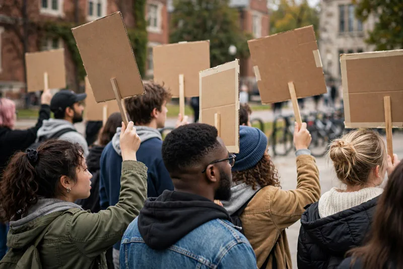Student protesters holding hand-painted signs during a campus rally