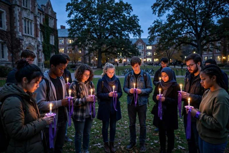 Candlelight vigil with purple ribbons on a college campus at dusk