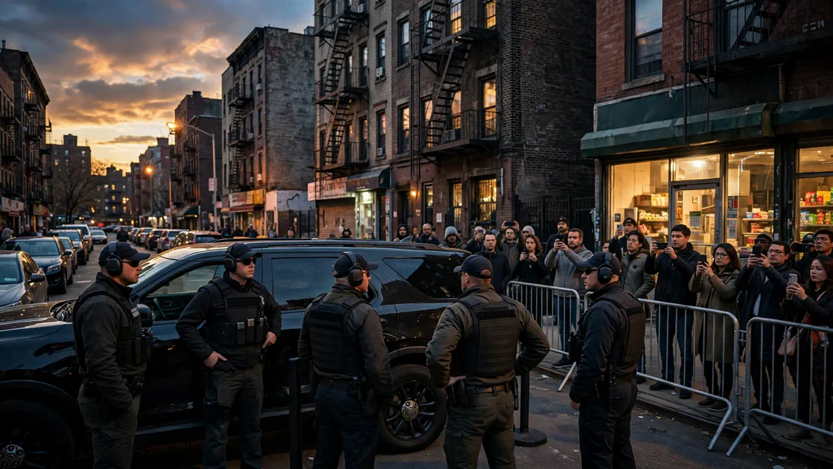 Federal agents cordon off an SUV on a Bronx street at dusk