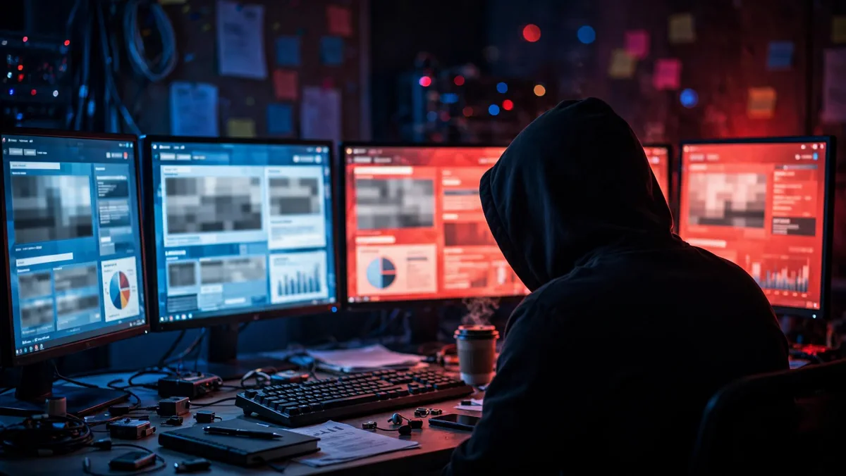 A shadowy figure working at a desk of glowing monitors displaying news articles, illustrating an AI-powered fake news operation