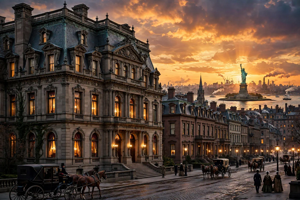 Statue of Liberty above the 1880s New York skyline with a Gilded Age Fifth Avenue mansion