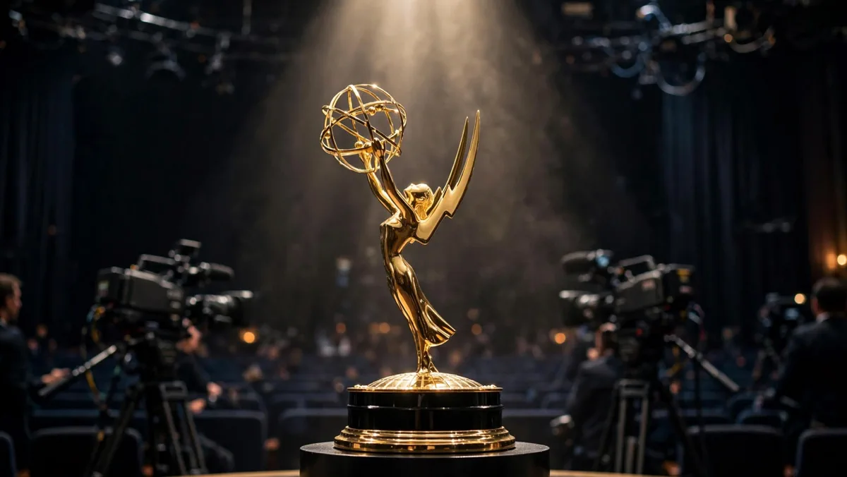 Golden Emmy-style statuette on a pedestal under a spotlight on a dark awards stage