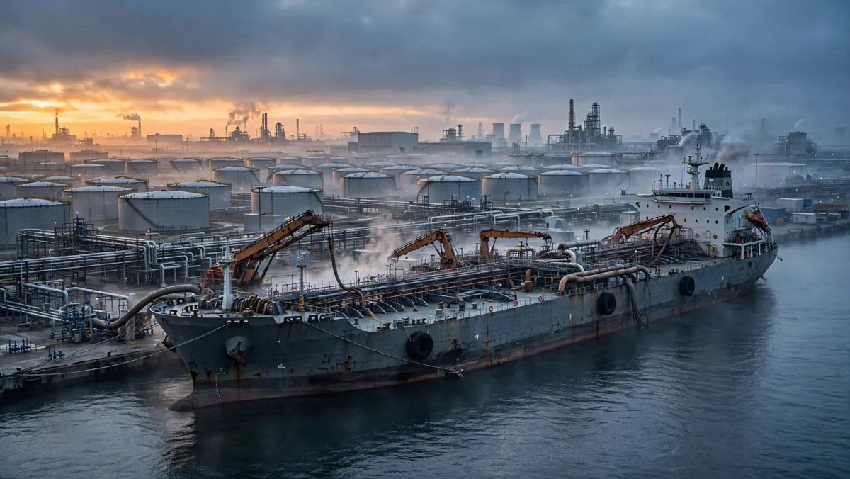 Diesel tanker ship loading fuel at an industrial port at dawn