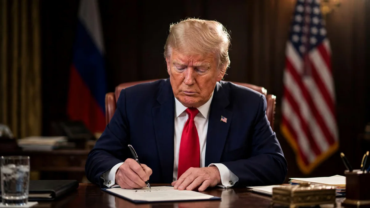 Donald Trump signing an executive order at the Resolute Desk with a Russian flag fading into shadow behind him.
