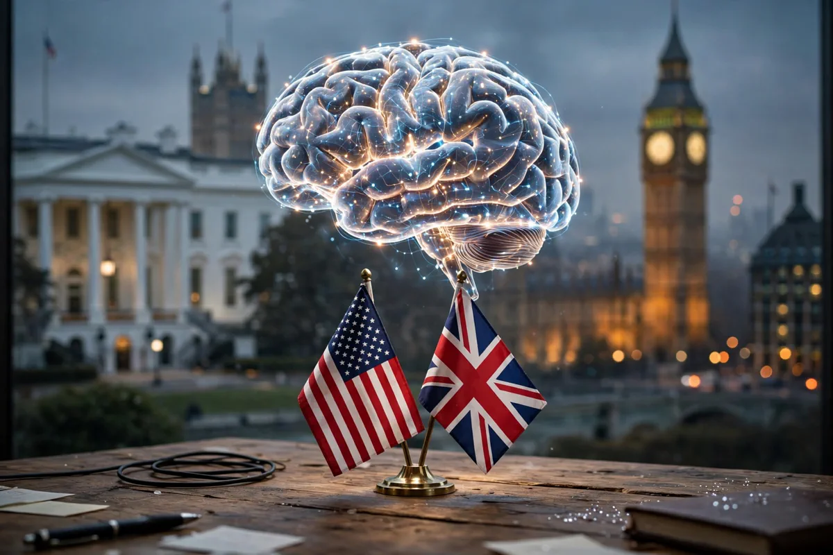US and UK flags beside a glowing AI neural network brain, representing the Trump administration reversing course on Britain AI safety testing