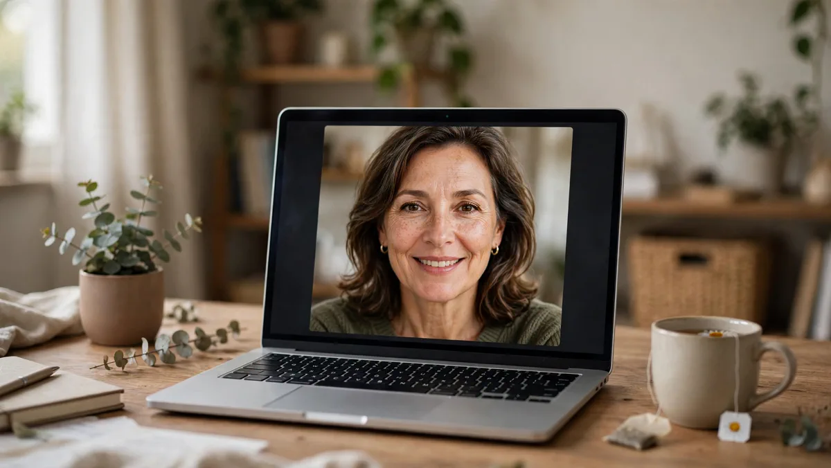 Photorealistic AI-generated video call avatar on a laptop screen, indistinguishable from a real person
