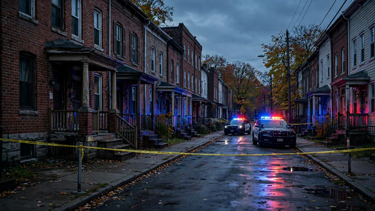 Police cruisers and crime scene tape on a quiet residential street in Erie, Pennsylvania at dusk