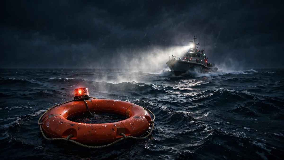 Coastguard searchlight on a lone lifebuoy with a flashing light floating in the dark ocean at night