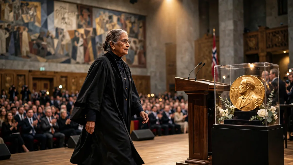 Elderly judge Navi Pillay walking to the podium at the Nobel Peace Prize ceremony in Oslo
