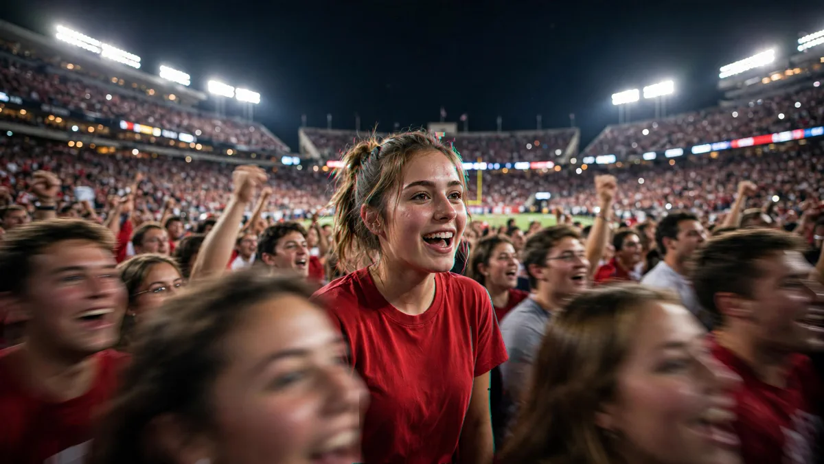 College football stadium crowd at night with one fan in sharp focus showing subtle AI glitch artifacts