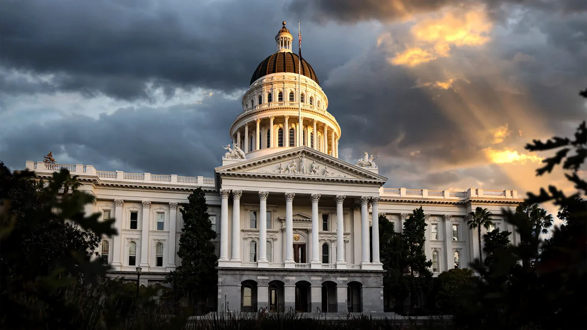 California State Capitol building in Sacramento at dusk ahead of the Prop 40 billionaire tax vote