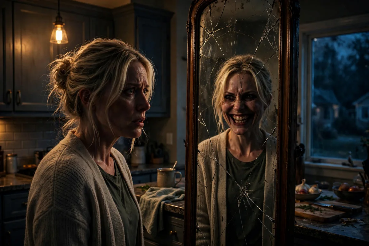 Jessica Chastain as a mother facing her sinister doppelganger in a cracked mirror in Other Mommy
