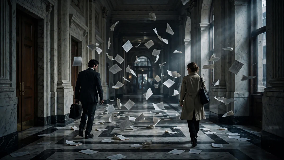 Mia Goth and Shia LaBeouf walking away from each other in a courthouse hallway as divorce papers scatter