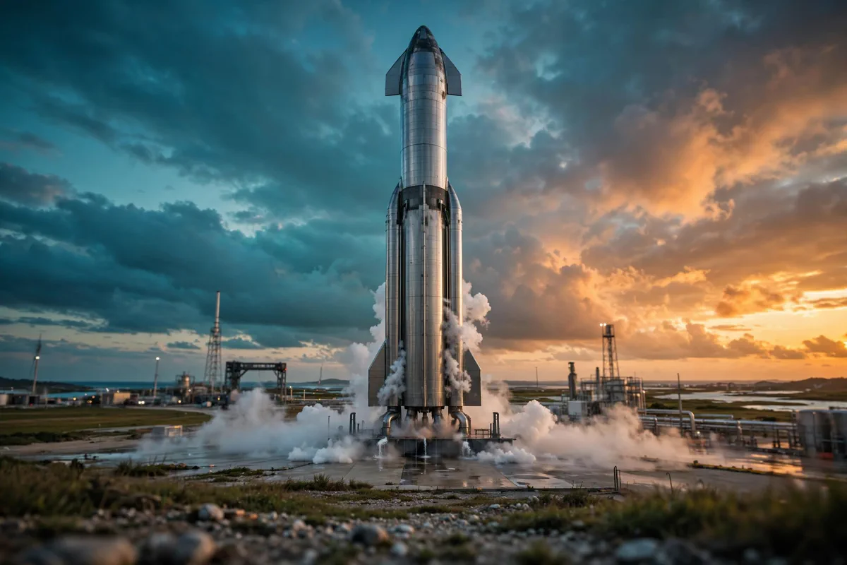 SpaceX Starship rocket on the launch pad at dusk