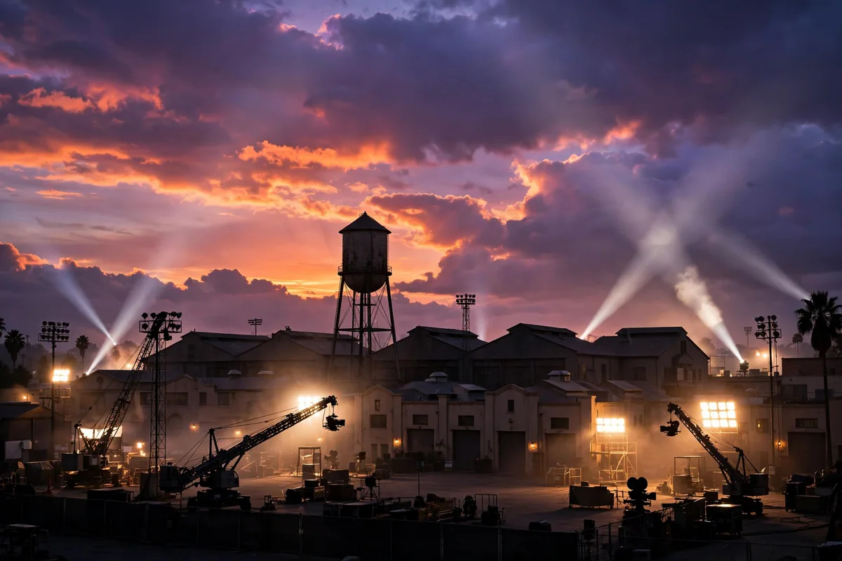 Hollywood movie studio lot at dusk as Skydance Corporation merger closes