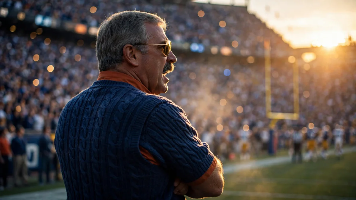 Mike Ditka silhouette in sweater vest and aviator sunglasses on the NFL sideline at sunset