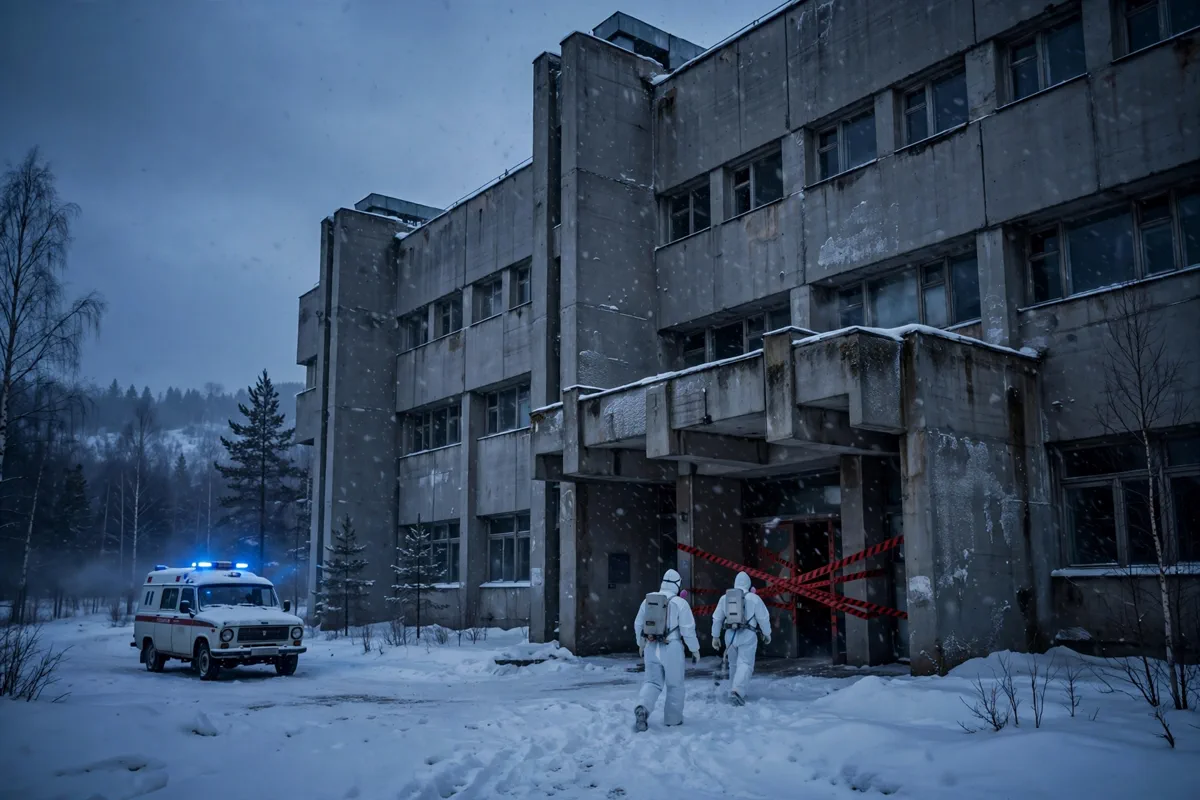 Siberian anti-plague research institute in winter, hazmat-suited workers at locked entrance
