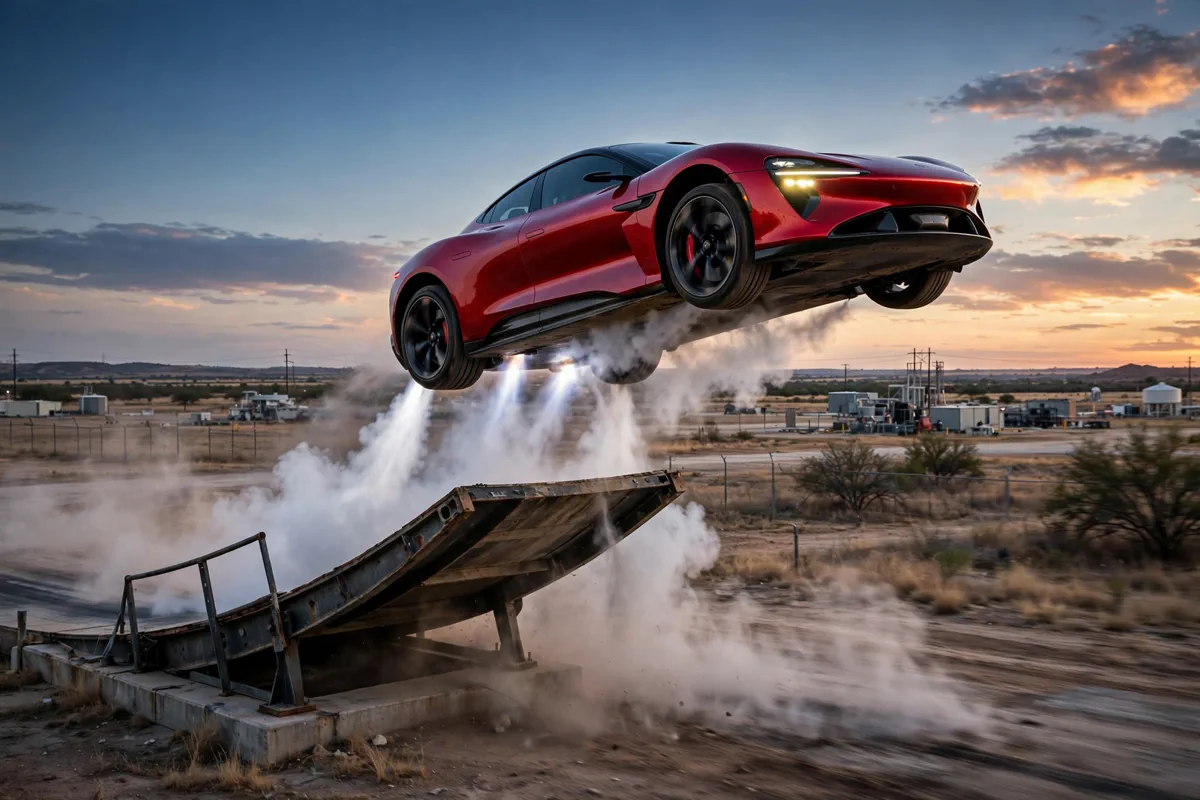 Tesla Roadster launching off an inverted ramp with thruster vapor at a Texas test facility at dusk