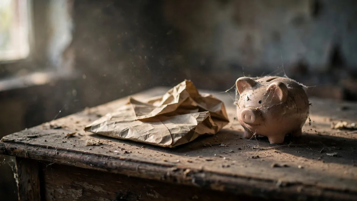 Dusty piggy bank and crumpled retirement account envelope on an abandoned desk