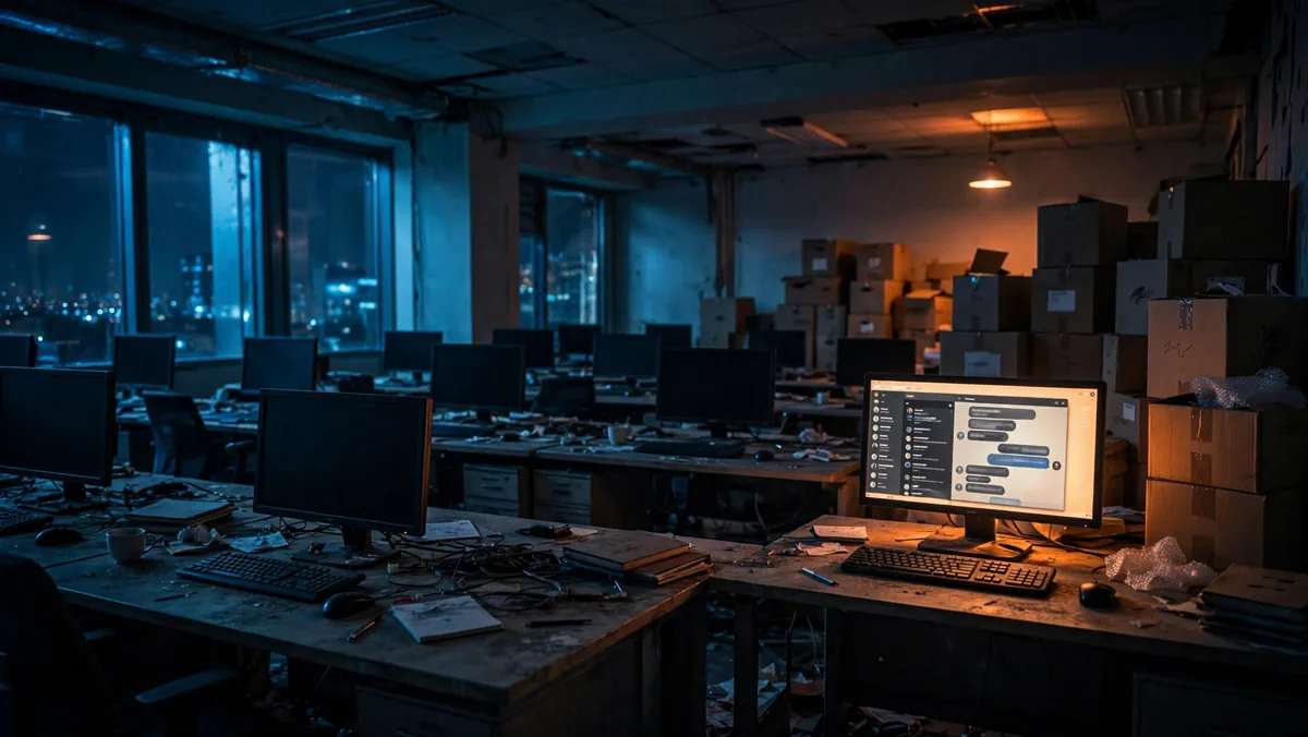 Abandoned AI startup office at night with one glowing chat screen