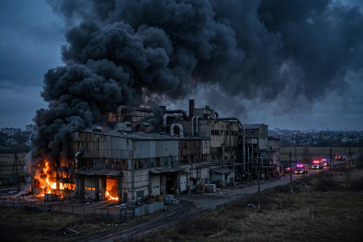 Smoke rising from an American-owned bottling factory after a Russian drone strike outside Kyiv, Ukraine