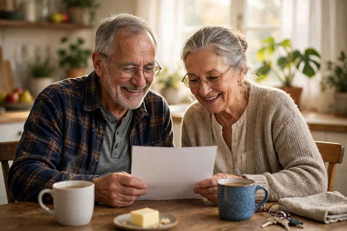 Elderly American couple reviewing their Social Security benefits letter at the kitchen table
