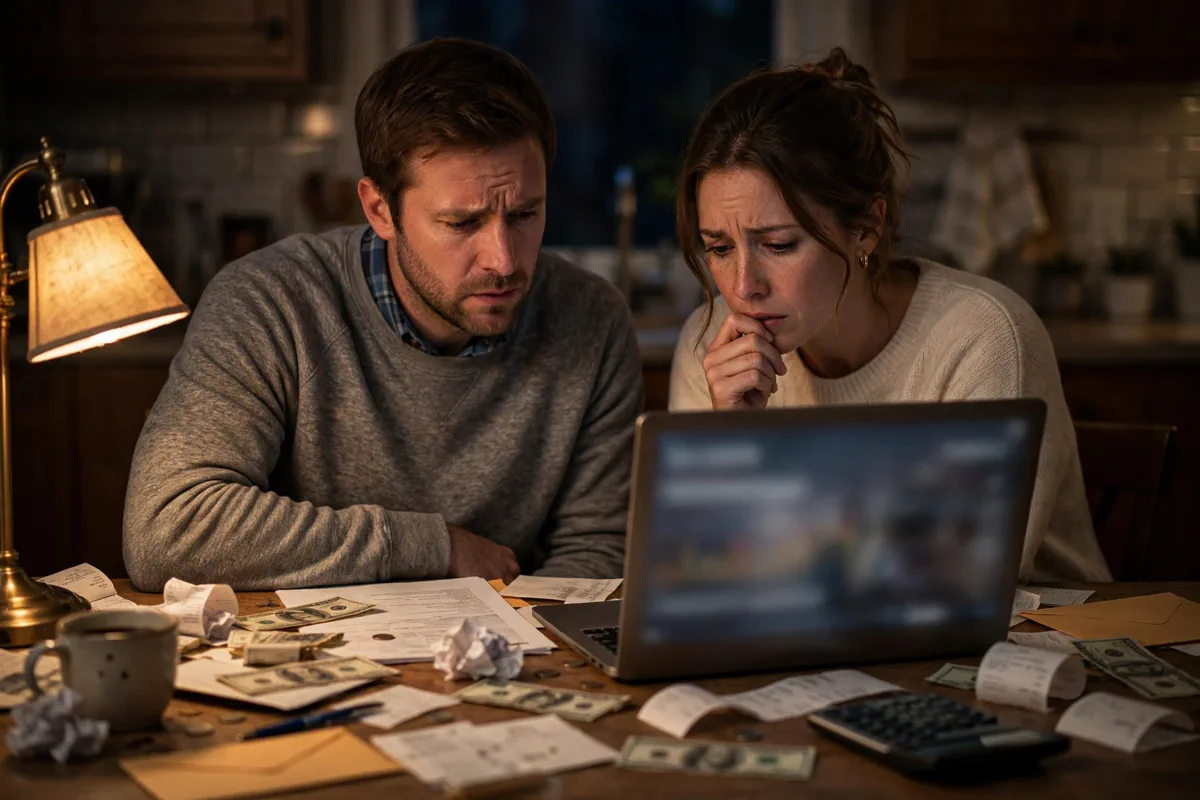 A worried American couple reviewing bills and a laptop bank statement at a kitchen table at night